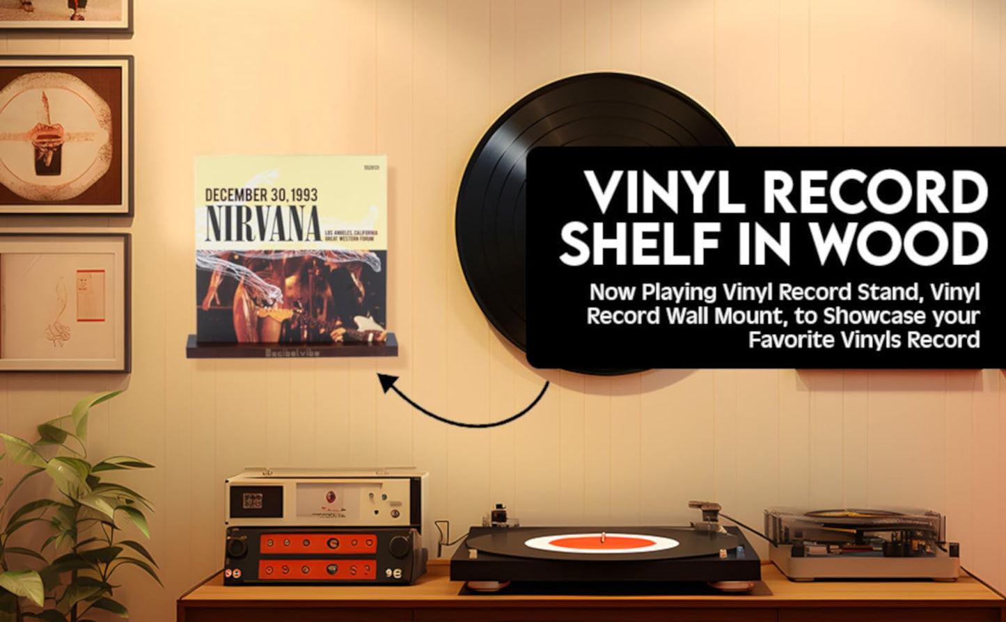 Decibelvibe Vinyl Record Shelf in Wood, Now Playing Stand, Wall Mount, to Showcase your Favorite Vinyls Record, Single and Double Vinyl Display.