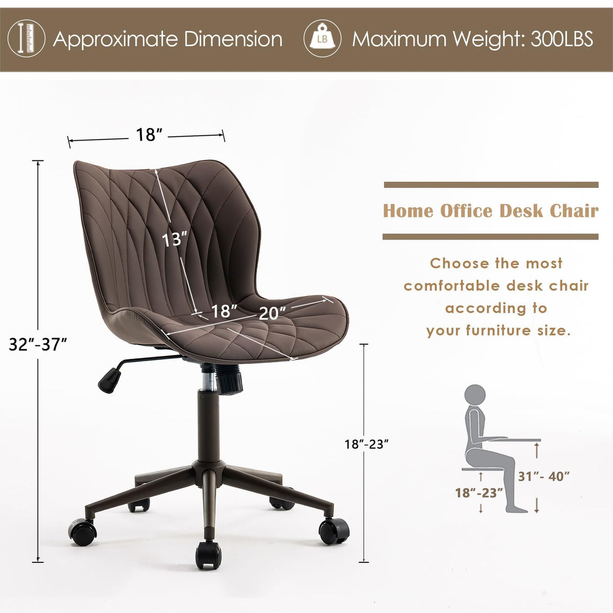 YOUNUOKE Desk Chair Adjustable Home Office Chair with Wheels, Brown