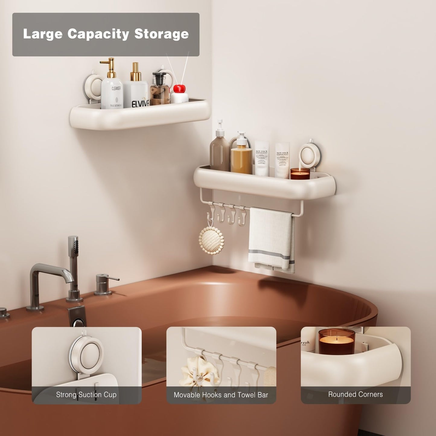 Voldra Shower Caddy Suction Cup, Arc Adhesive Bathroom Shelves Shower Storage Wall Mounted Bathroom Caddy Stick on Shower Organiser Rack With 4