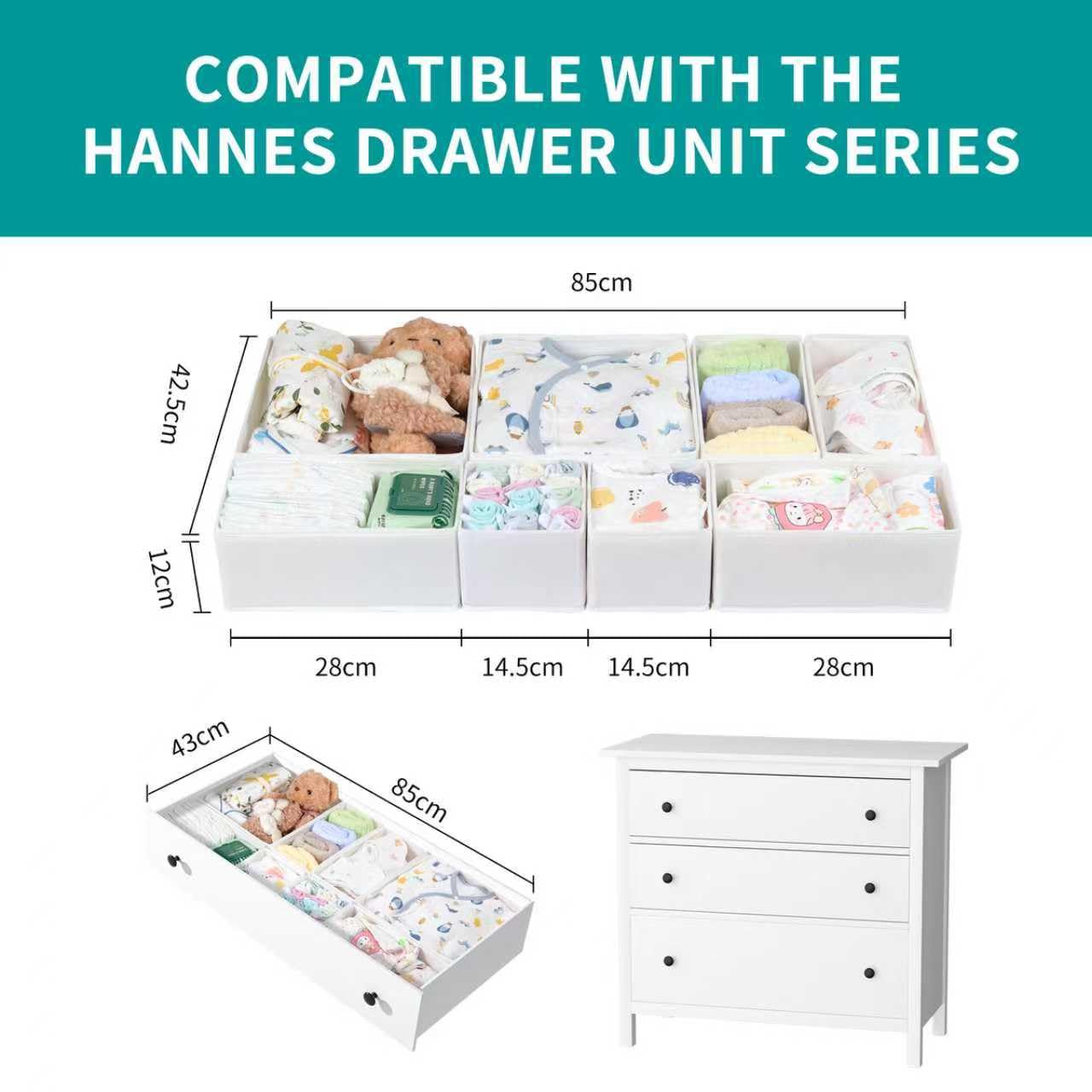 ORLISA 16 Pack Drawer Organiser Set for Hemnes Dressers, Fabric Drawer Dividers & Wardrobe Organisers for Clothes Storage, Underwear