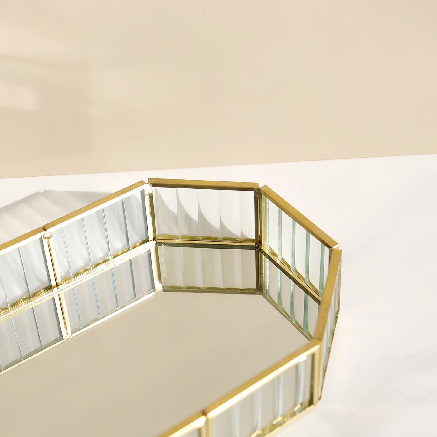 SLHEQING Mirror Tray Gold Vintage Perfume Tray Makeup Jewelry Organizer, Glass Vanity Tray Metal Polygon Tray
