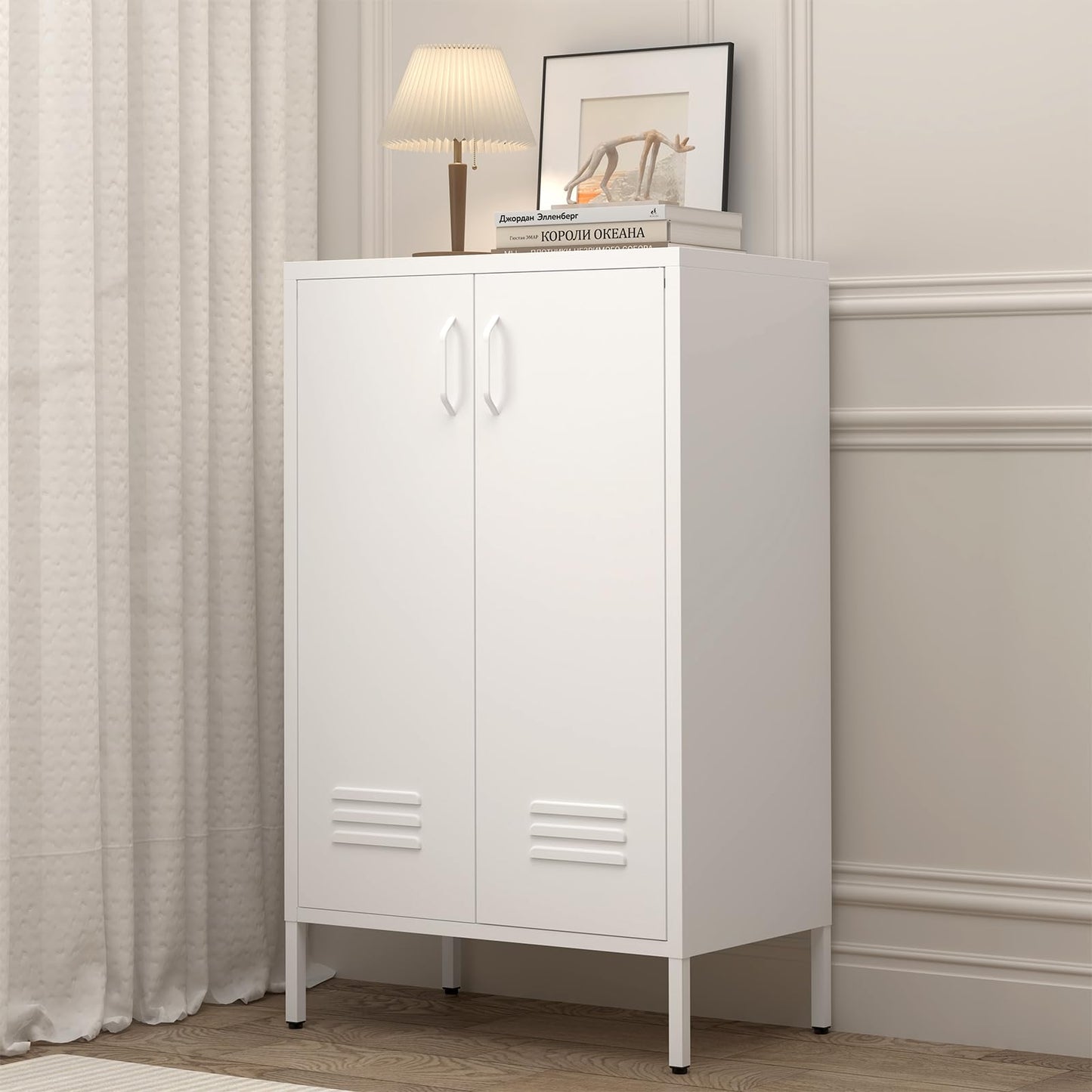 GREATMEET Metal Locker Storage Cabinet, White Accent Storage Cabinet, Metal Pantry Cabinets with Doors,Locker for Living Room,Kitchen,Office