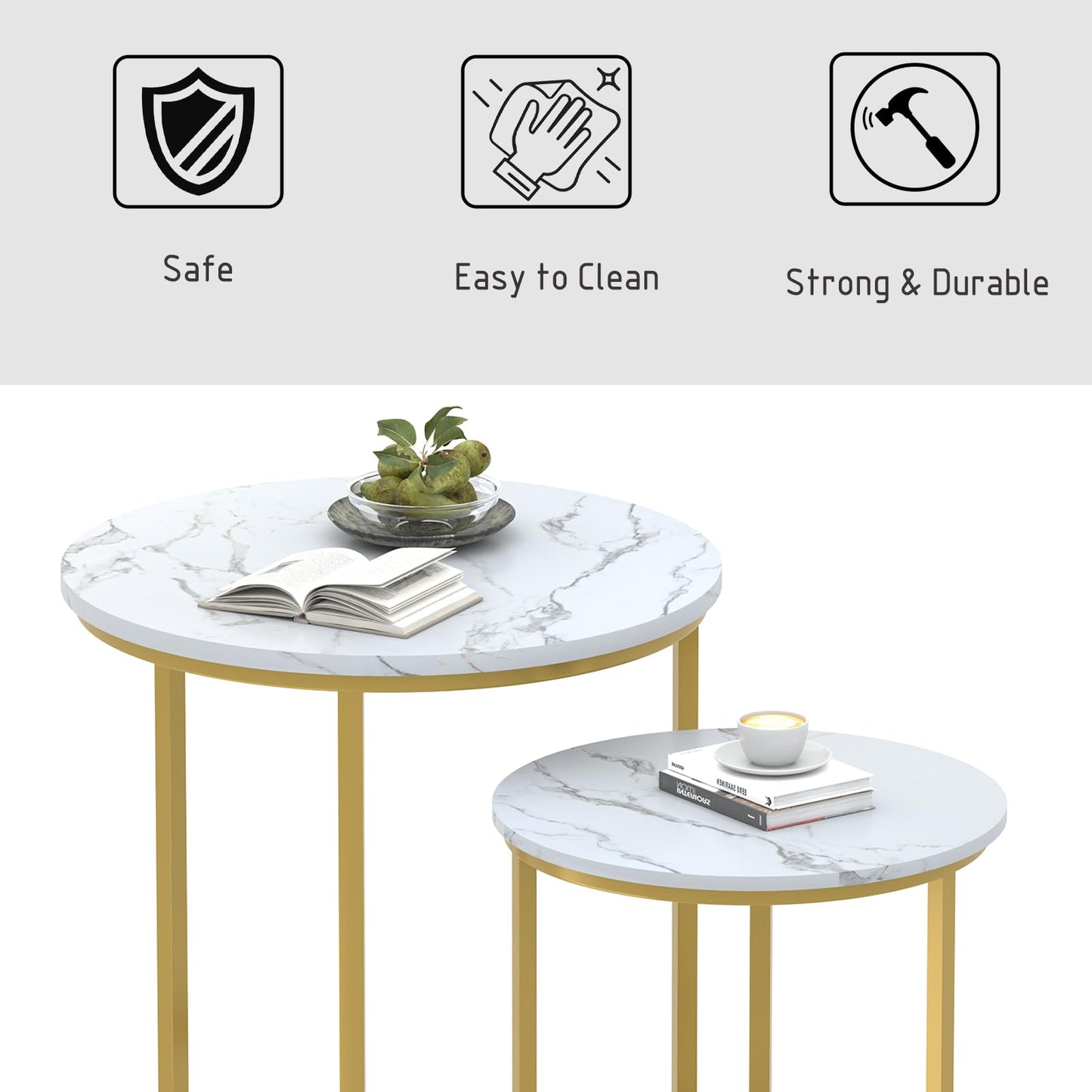 Garden 4 you Round Coffee Table for Living Room,White Nest of Tables Set of 2,Nesting Tables End Table for Living Room, Bedroom, Office, Balcony