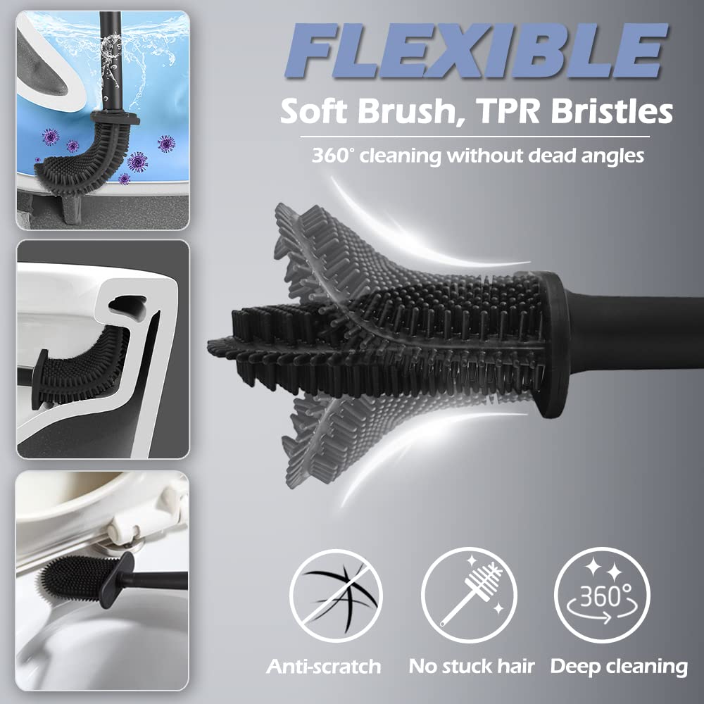Athyior Silicone Toilet Brush with Holder Set - Flexible Bristles Toilet Brush Bendable Quick Drying Flooring Wall Mounted Long Handle Hygienic Deep