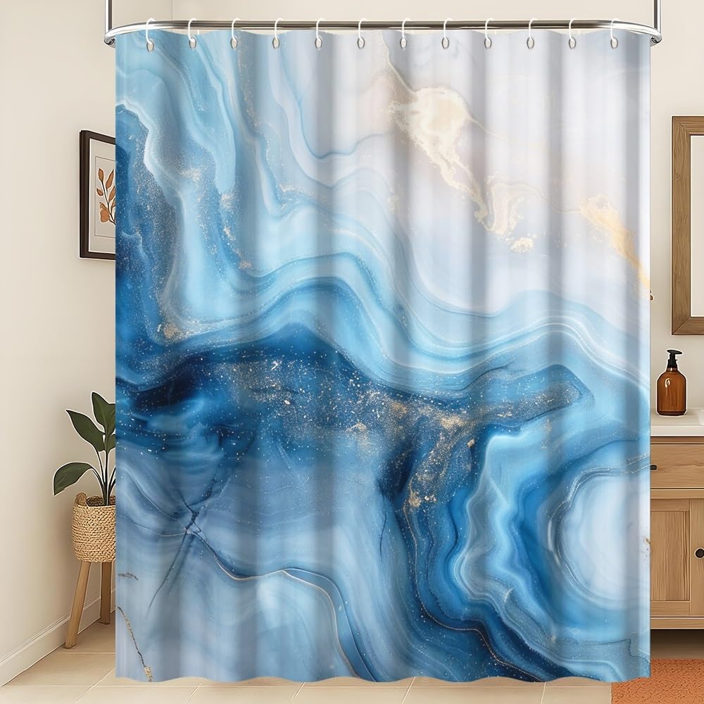 Xiaoterna Marble Shower Curtain Blue Marble Shower Curtain Modern Abstract Blue Gold Marble Waterproof Bathroom Curtain Modern Luxury Art Shower