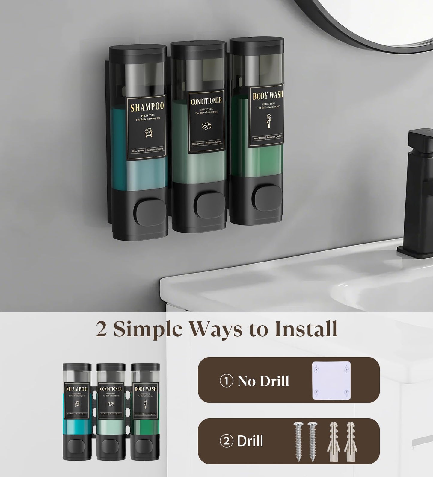 Luxspire Shampoo and Conditioner Dispenser, Shower Soap Dispenser 3-Chamber