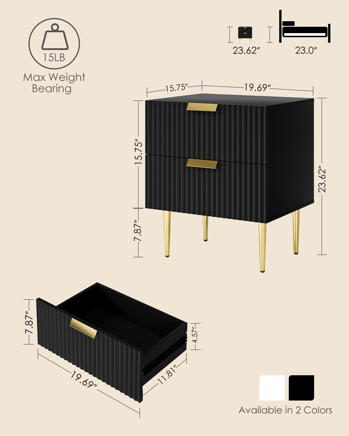 Apetaccat Black Bedside Table, Nightstand with 2 Drawers with Gold Leg, Modern Bedside Table Bedroom Furniture for Living Room or Bedroom, Black