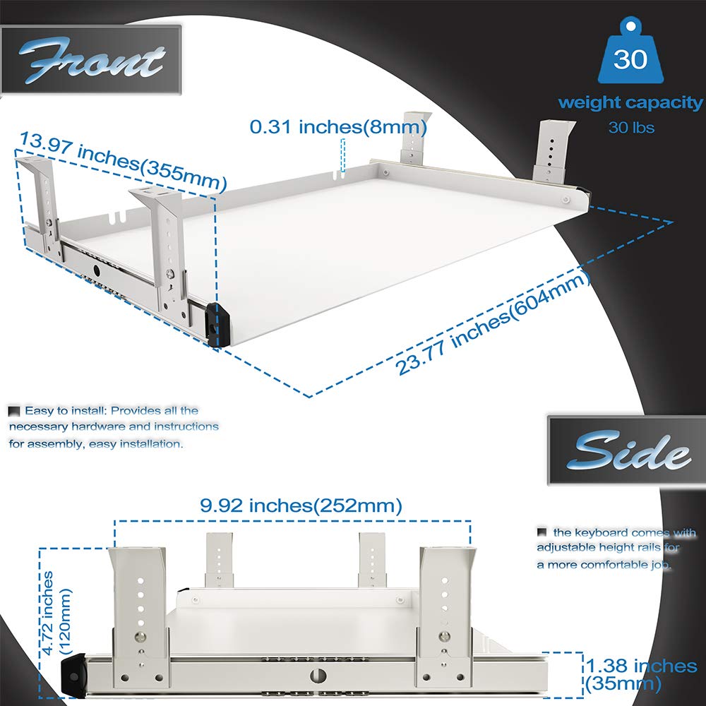 FRMSAET All-Metal 53 cm/60 cm/76 cm Under Desk Keyboard Tray(60 cm, White)