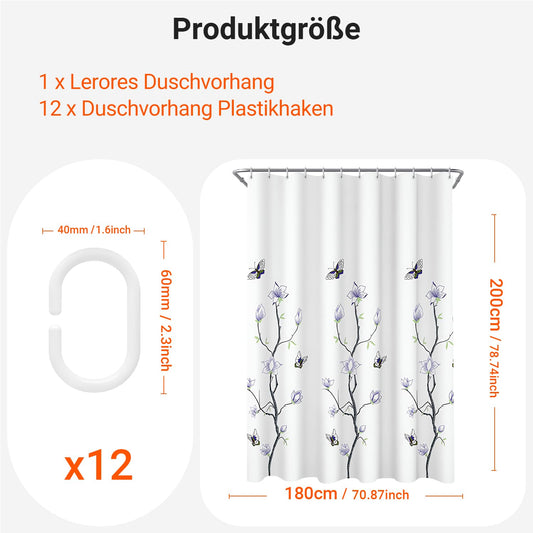 Lerores Shower Curtain 180x200 cm Flower Trees, Weighted Hem Anti-Mould Textile, Water-Repellent