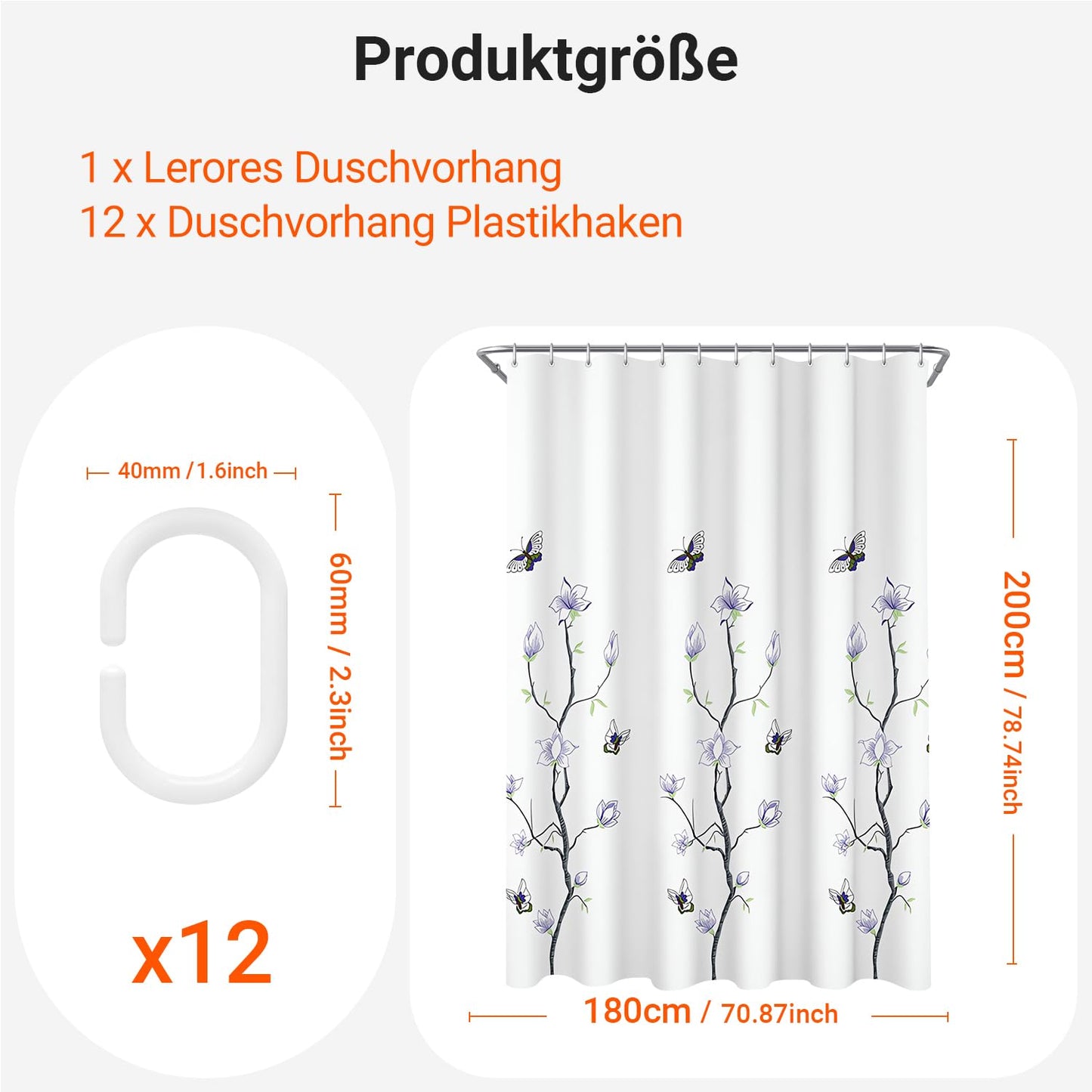 Lerores Shower Curtain 180x200 cm Flower Trees, Weighted Hem Anti-Mould Textile, Water-Repellent