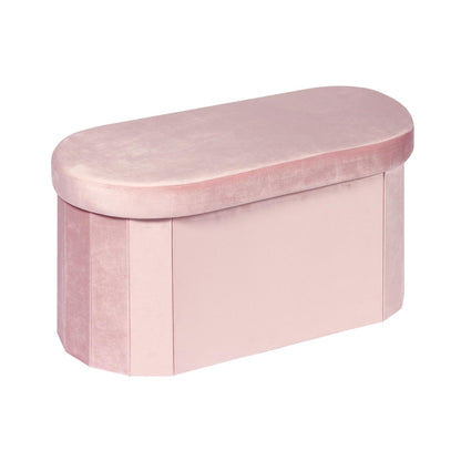Bonlife Pink Velvet Ottoman Storage Bench with Seat,Foldable Stool Living Room Furniture,Oval Large Toy Box Storage Chest with Lid,76x38x38cm