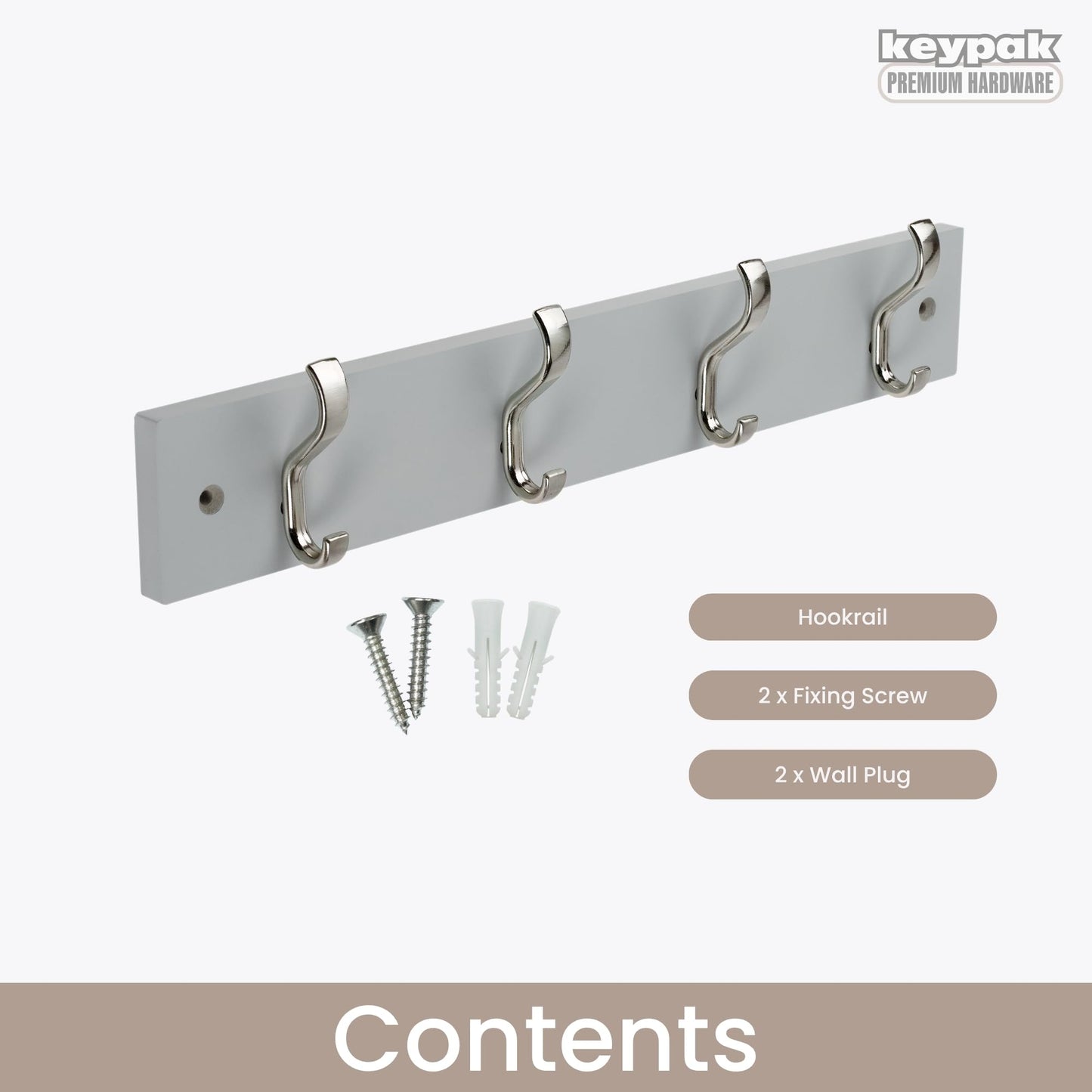 keypak Wall-Mounted Coat Rack – 4 Nickel Hooks on Stylish 38cm Grey Wood