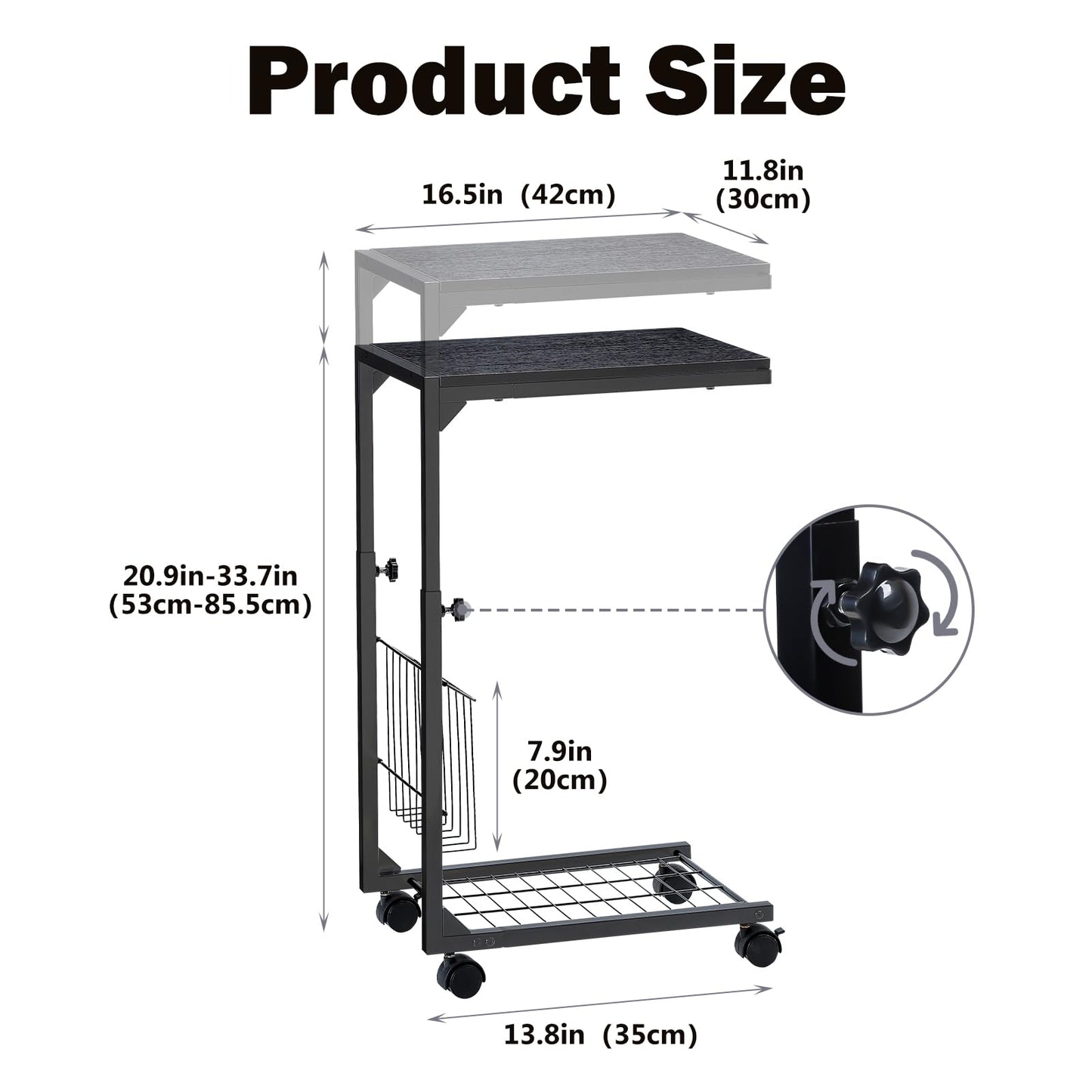 C Shaped Side Table Metal Frame Black Side Table With Wheels 2-tier Shelf