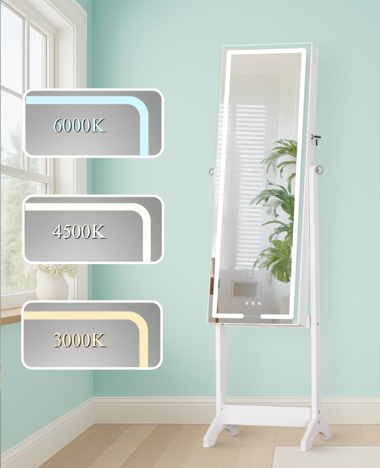 LUXFURNI Standing Jewelry Armoire Cabinet with Full‑Length Mirror Storage