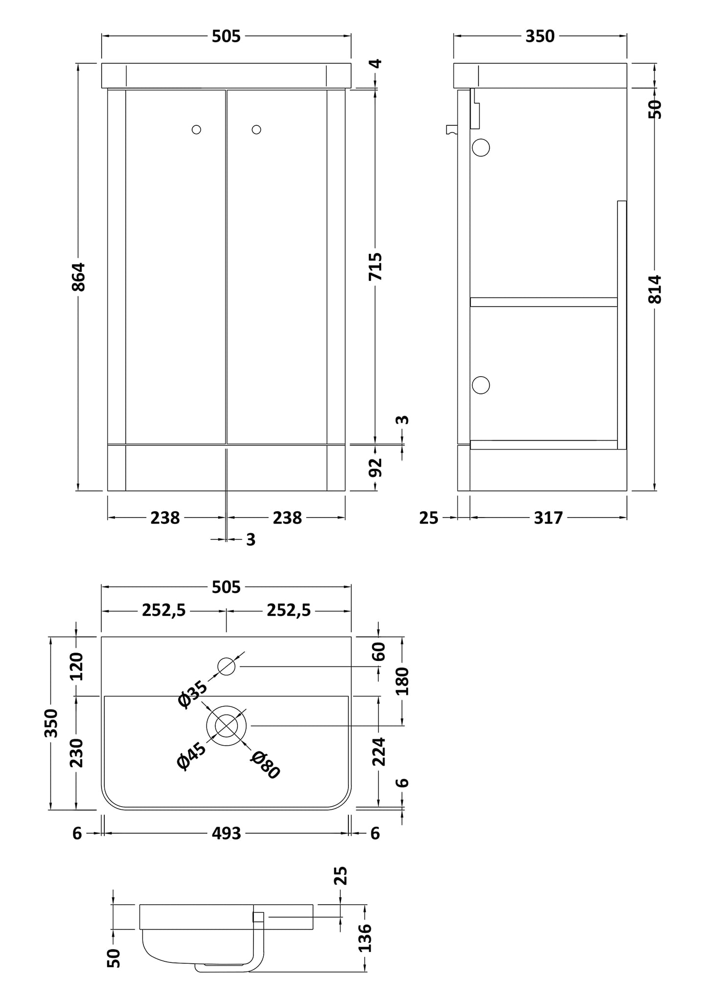 nuie COR1404 Core Modern Bathroom Floor Standing 2 Door Vanity Basin Unit with Ceramic Basin, 500mm, Soft Black