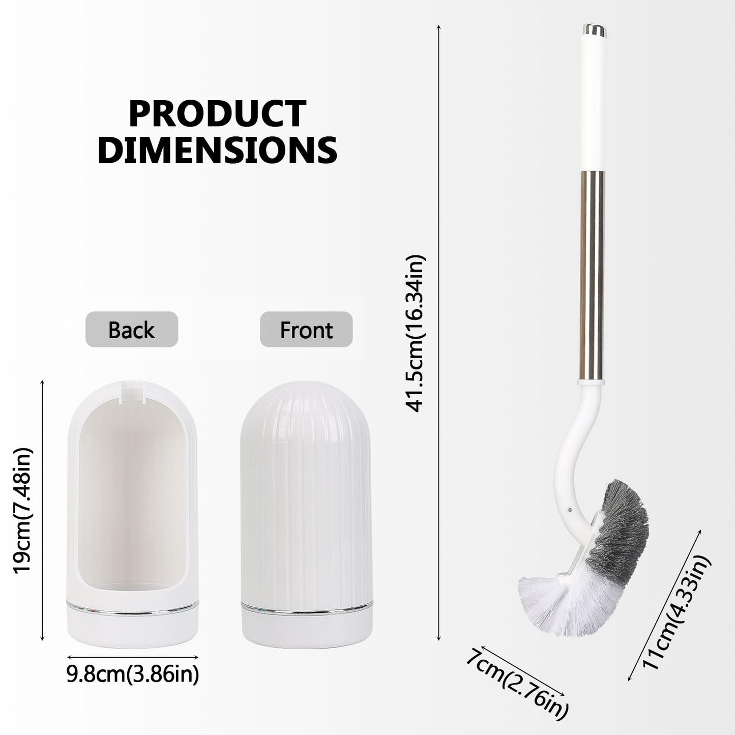 Toilet Brush, Toilet Brushes with Holders, Curved Toilet Brush with Edge Cleaner, Stainless Steel & Plastic Handle, Loo Brush Replacement Heads