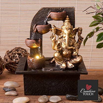 Ganesha with Water Cups Indoor Water Fountain with LED Light | Size 21*17.5*25 Cm | USB adaptor Included