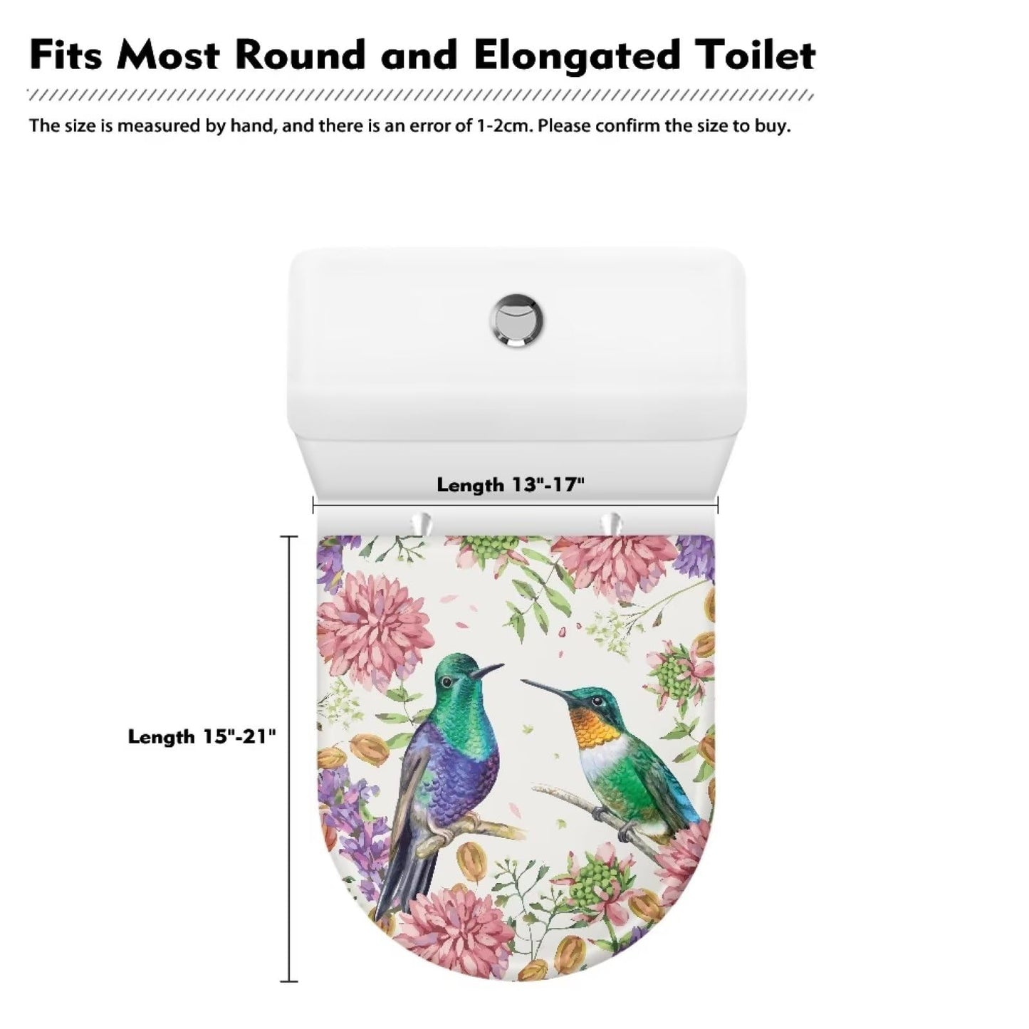 COEQINE Hummingbird Floral Toilet Lid Cover Set Oval Pink Boho Flower Toilet Seat Lid Cover Oval Elongated Bathroom Non Slip With Elastic Edge