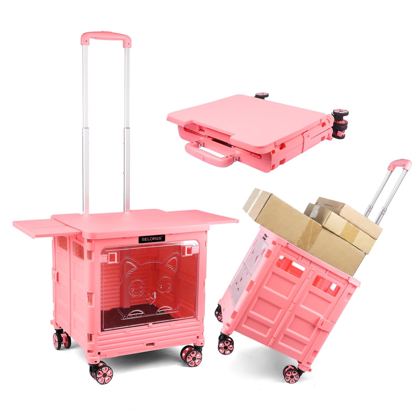 LexonElec x SELORSS BY16 Foldable Shopping Trolley on Wheels, Transparent Window Pet Stroller, Portable Wagons Carts