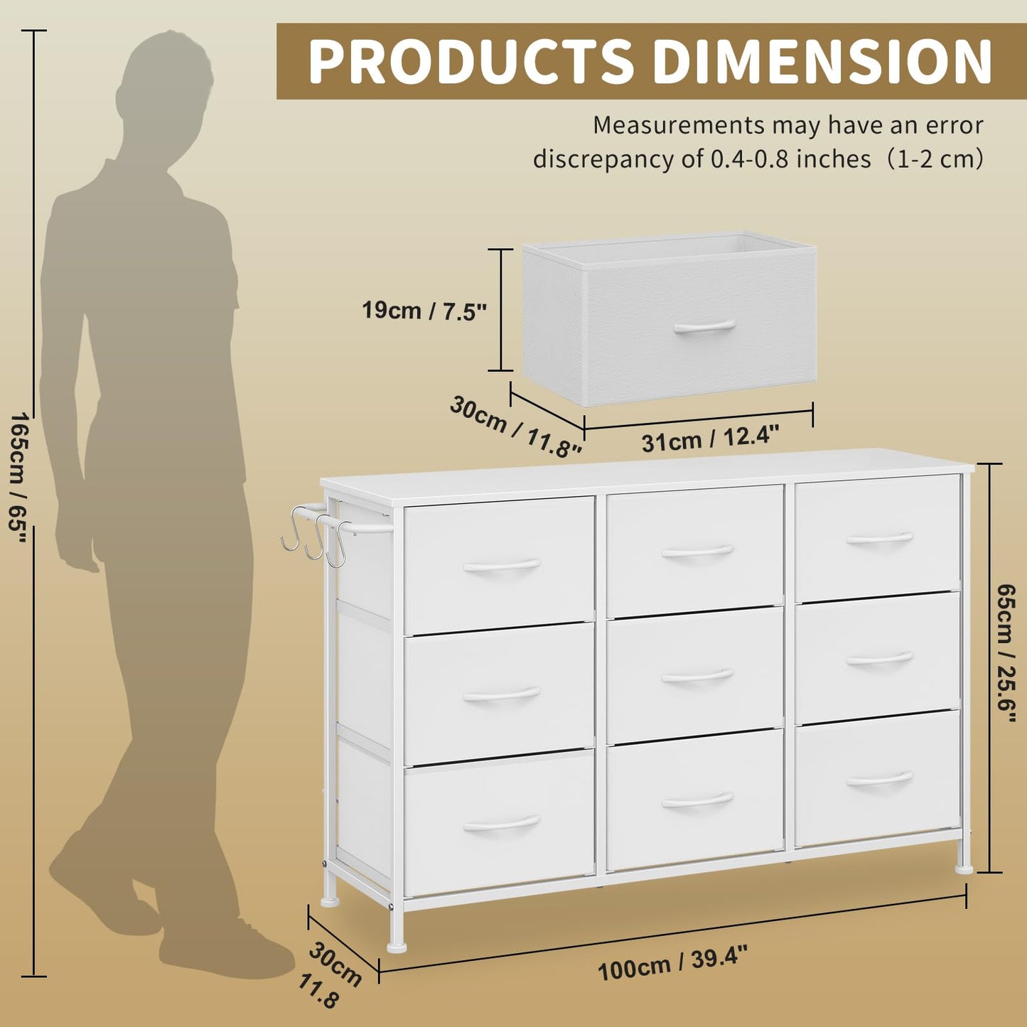 Modern Chest of Drawers 9-Drawer Storage Unit Bedroom White(100x30x65cm)