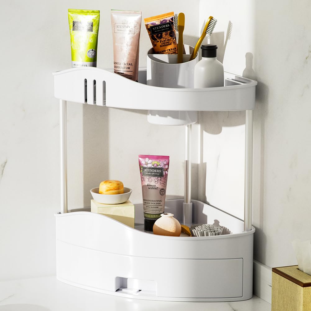 BAKAJI Bathroom Corner Shelf with Drawer, Multi-Shelf Organizer Hard Plastic, Corner Shelf Unit, Minimal Organizer Shelf for Bathroom, Kitchen