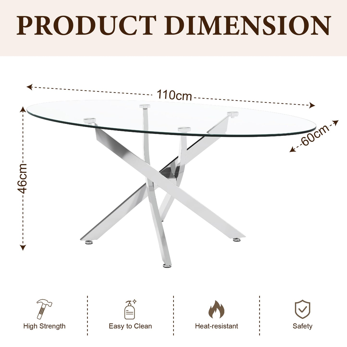 GOLDFAN Oval Glass Coffee Table with Chrome Crossed Legs, Modern Clear Tempered Glass Centre Table for Living Room, Office or Apartment