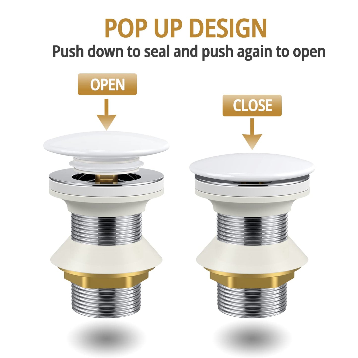 Unslotted Basin Sink Waste Pop Up Click Clack Sink Plugs with Ceramic Top