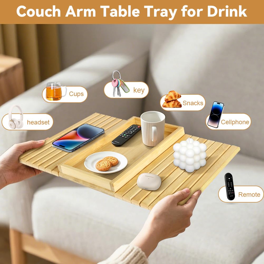AOOHA Square Couch Protector Tray,Foldable Wooden Armrest Tray with Non-Slip Backing,Natural Bamboo Sofa Arm Table,Bamboo Sofa Rest Table for