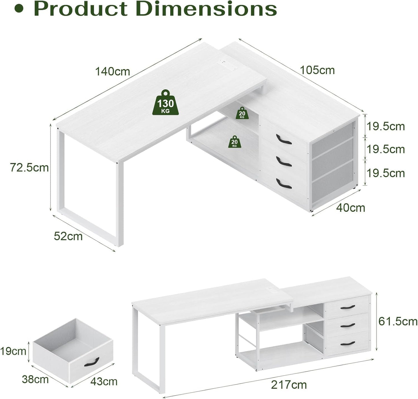 JUMMICO Corner Desk with 3 Drawers, 140 x 105 cm, Folding L-shaped Desk, Equipped with Socket and USB Charging Port, Storage Space