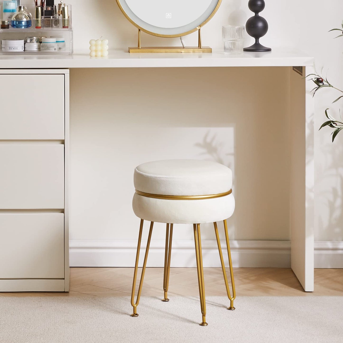 IBUYKE Velvet Round Footstool Ottoman, Vanity Chair Stool, White L/G-40M