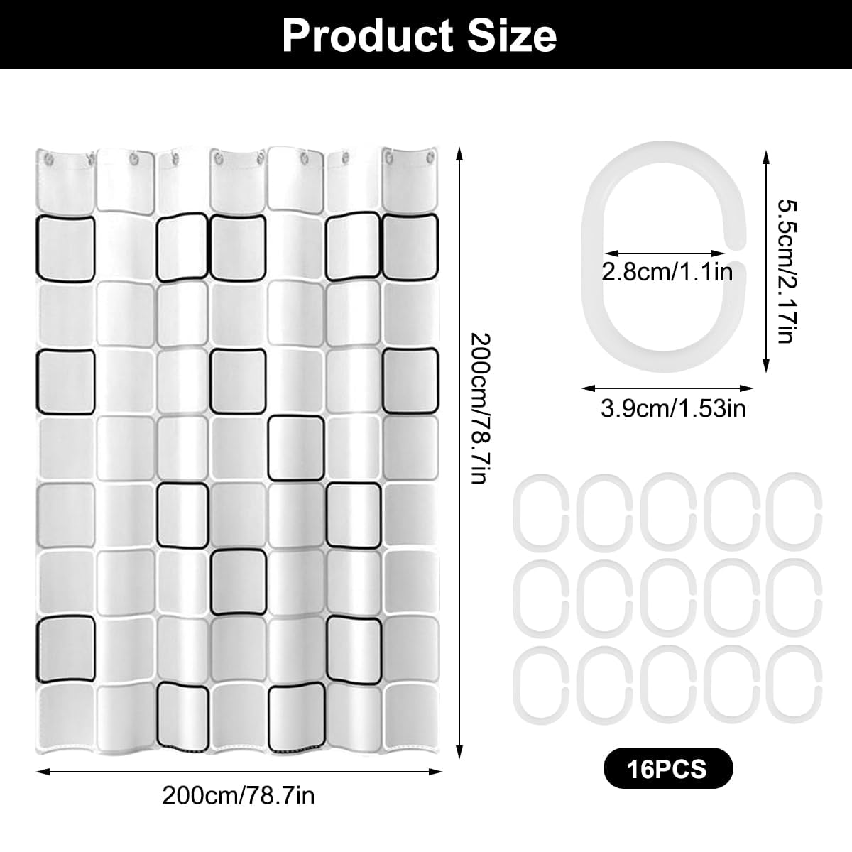 KineticKraft Checkered Shower Curtain, 200 x 200 cm Quick-Drying