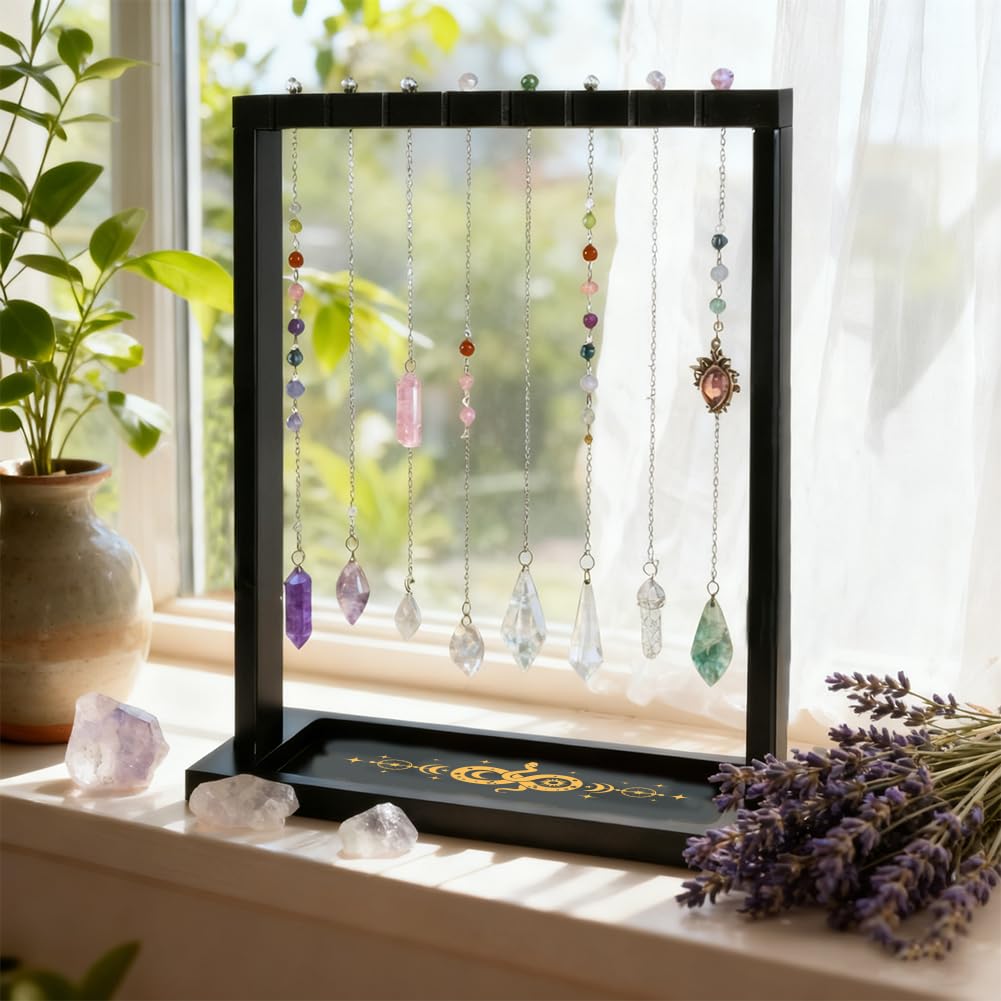 BEUNITONE Wooden Pendulum Crystal Display Holder, Witchcraft Supplies Organizer with Snake Pattern Tray, Pendulum Board Stand for Witchy Accessories
