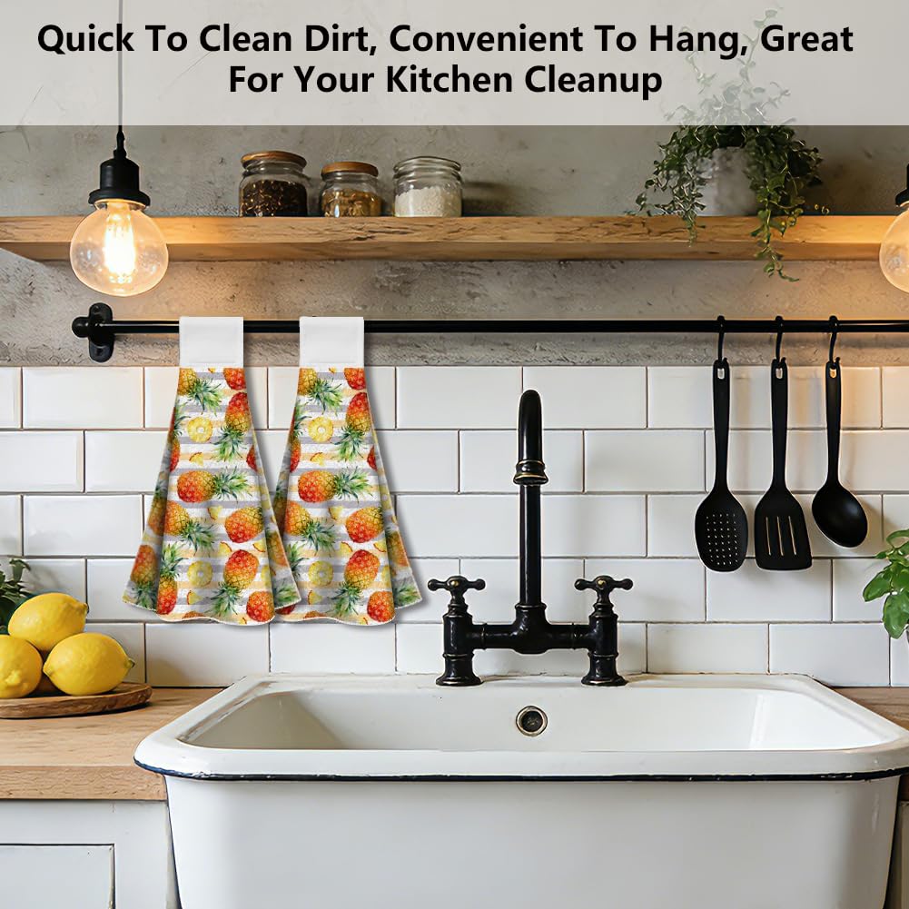 WADORN 2 Pack Pineapple Kitchen Hanging Towel with Loop, Tropical Fruits Hand Tie Towel Decorative Microfiber Soft Absorbent Hanging Dish Tea