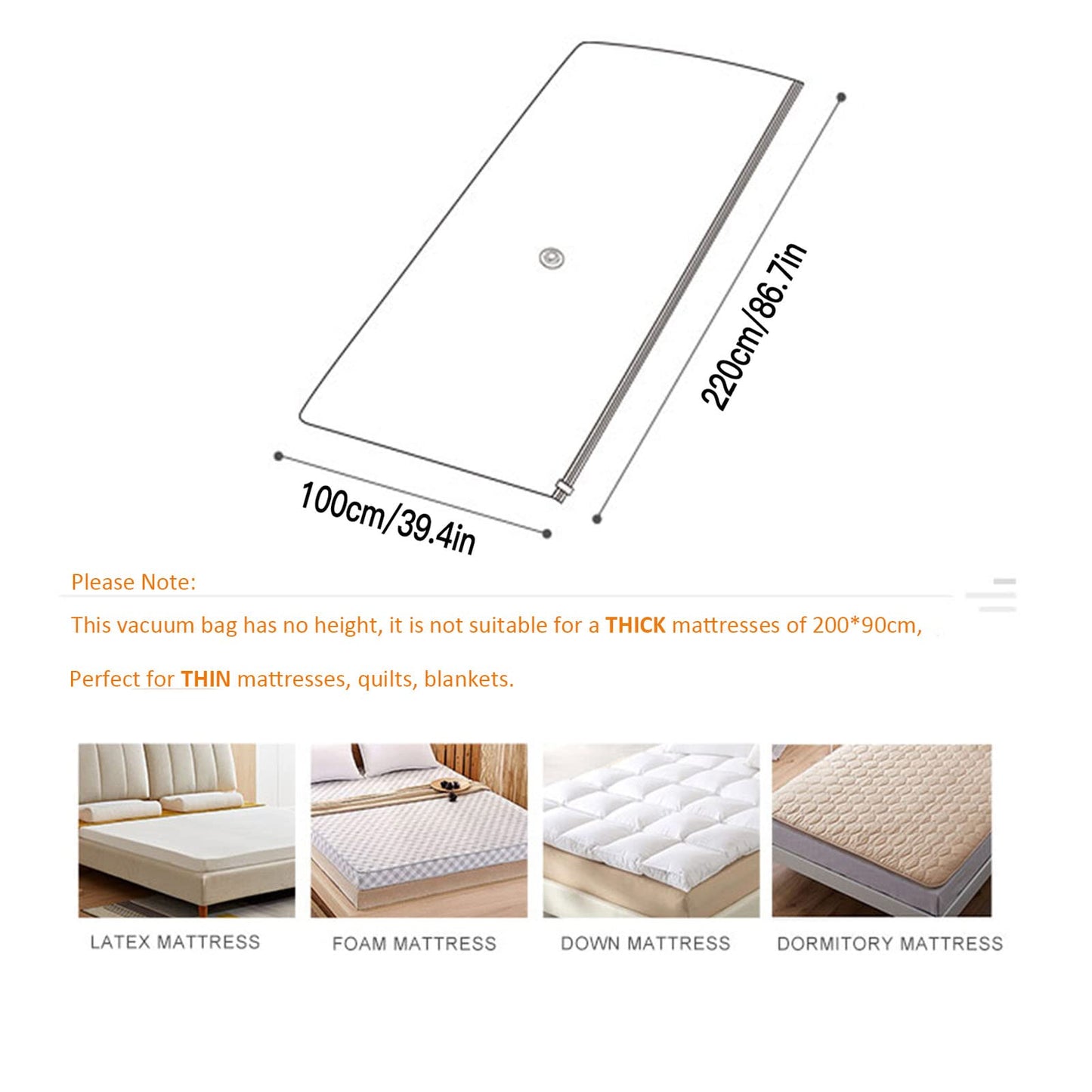 Large Vacuum Storage Bags for Mattress Clothes Waterproof Sealable Reusable Space Saver Bags, Compress Mattress By 80%, No Vacuum Pump 86.7 * 39.3in
