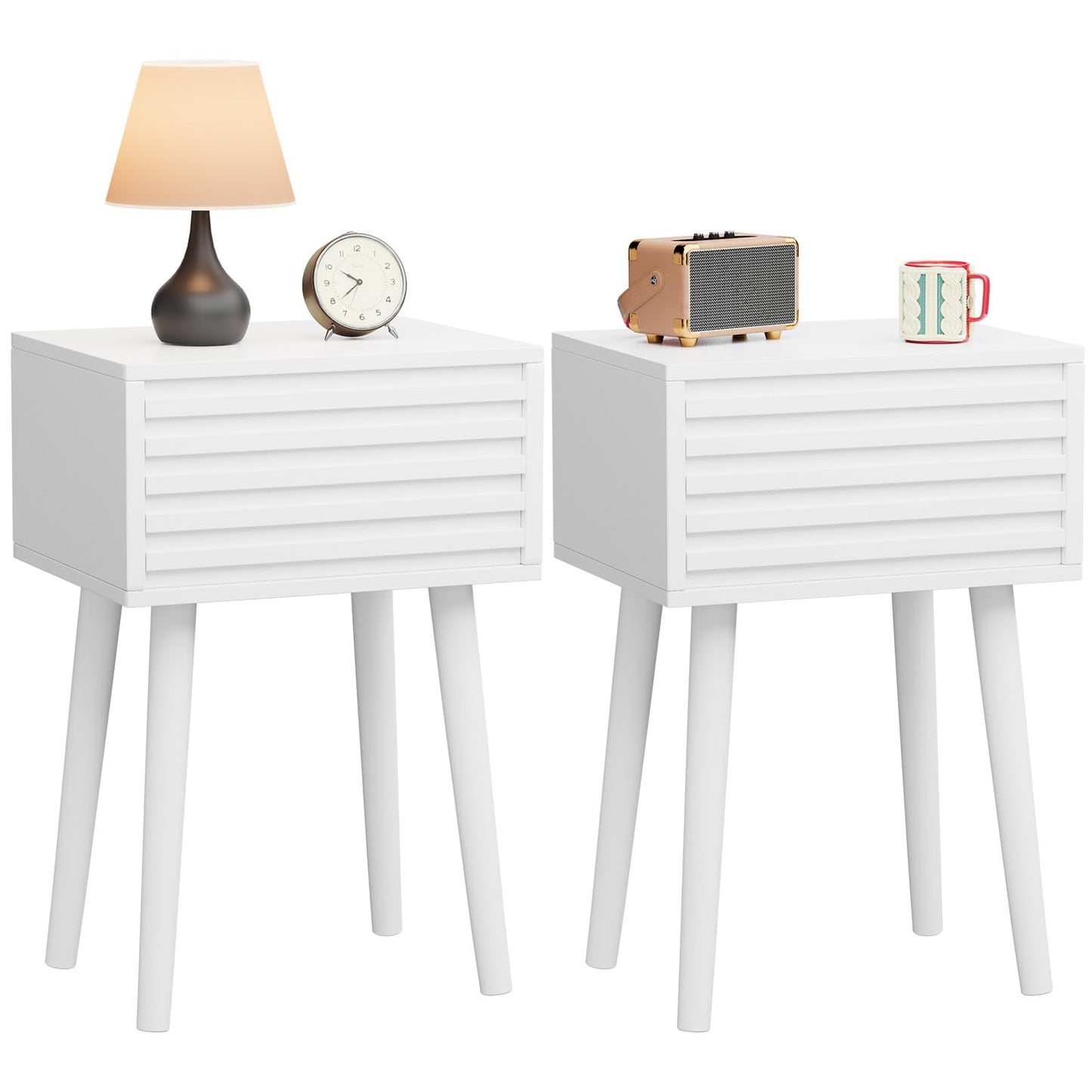YMYNY Fluted Nightstand Set of 2, Small Bedside Table, Mid-Century Modern End Table, Push-to-Open Door, Solid Wood Legs, 35x27x53 cm, for Living Room