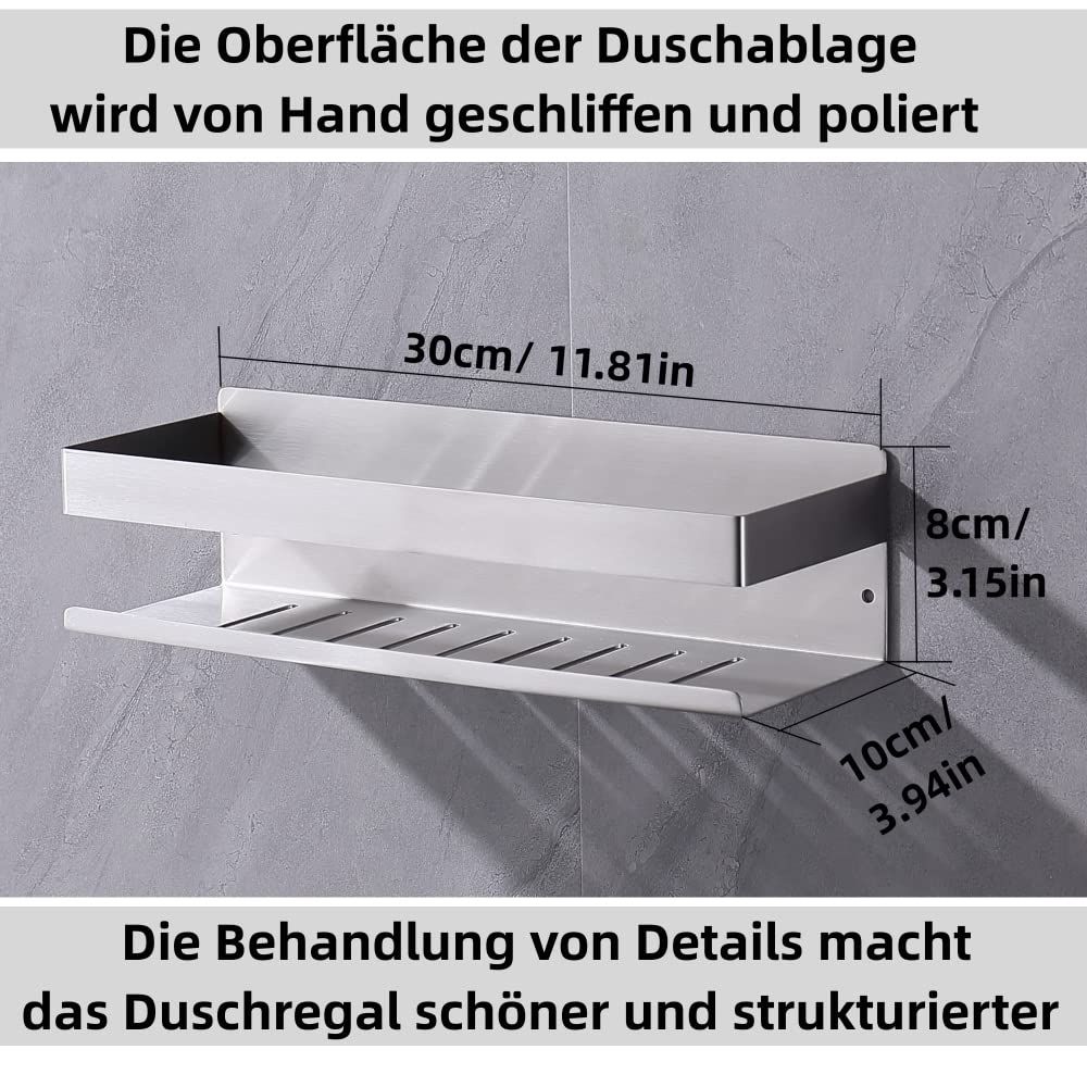 HomeHeng Shower Shelf Self Adhesive Bathroom Shelf Wall Mounted Stick on Shower Caddy SUS304 Stainless Steel Brushed Nickel 30CM, H91107-30BN