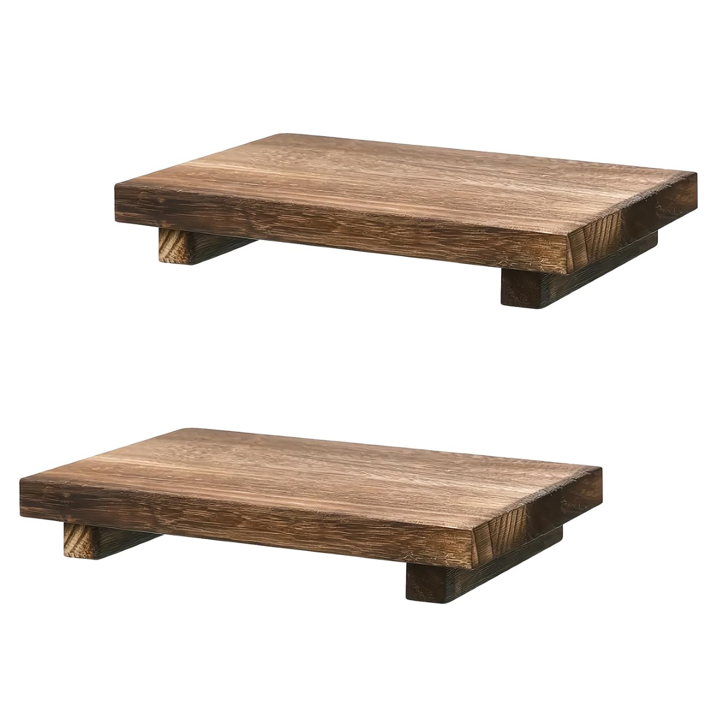 Cobenga 2 Pack Wooden Rectangular Brown Rustic Trays, Wood Pedestal Riser Soap Stand Display Tray Wooden Sink Tray for Kitchen Bathroom Counter, Plant