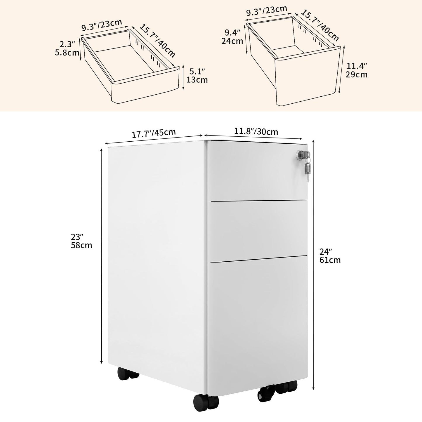 DWVO 3 Drawer Lockable Filing Cabinet Mobile Steel White Grey 30x45x61cm