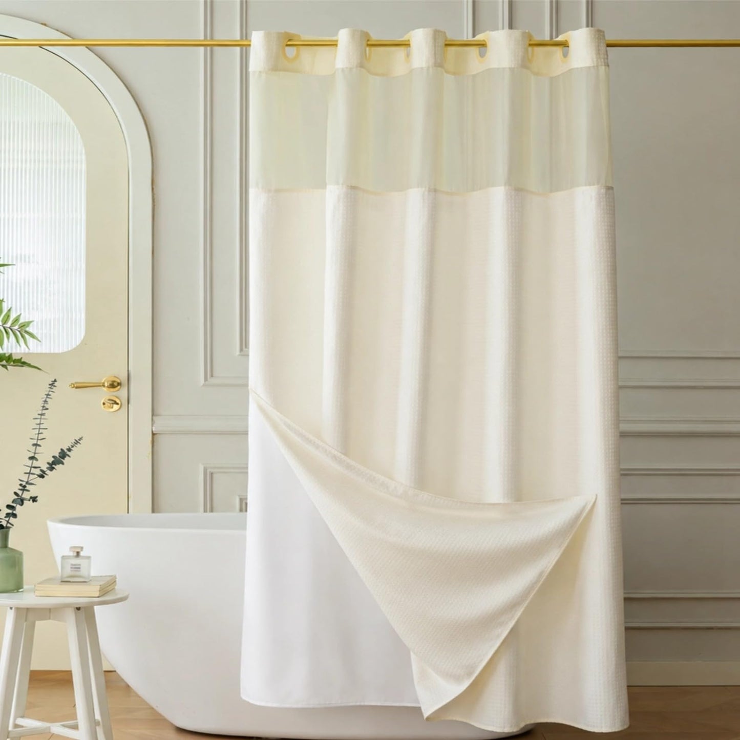 Yofori Hookless Shower Curtain with Snap in Fabric Liner Set, Waffle Shower Curtain with See Through Top Window Wet Room Shower Curtains for Bathroom