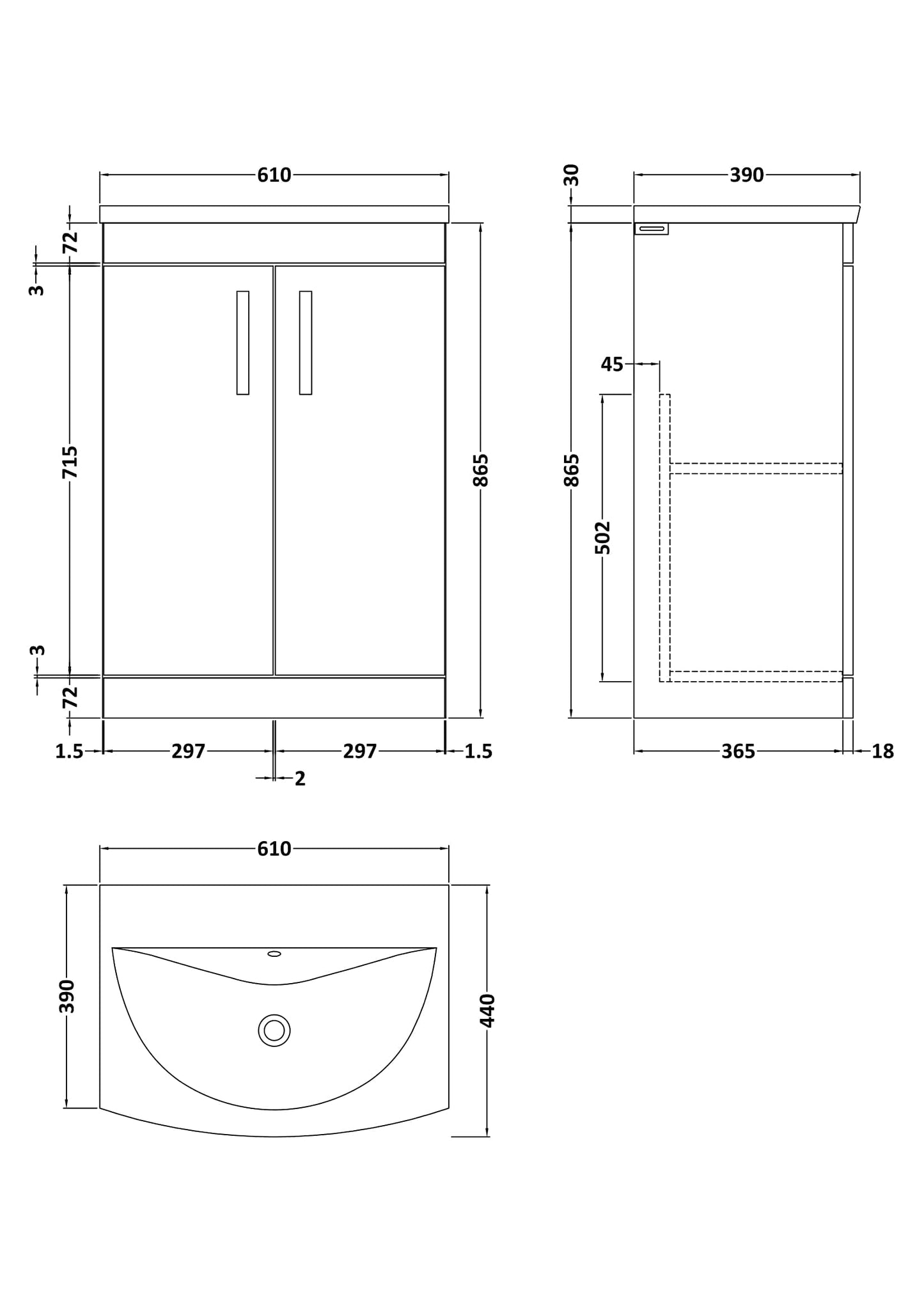 nuie ATH075G Athena Modern Bathroom Floor Standing 2 Soft Close Doors Vanity Unit with Curved Ceramic Basin with 30mm Profile, 600mm, Gloss Grey