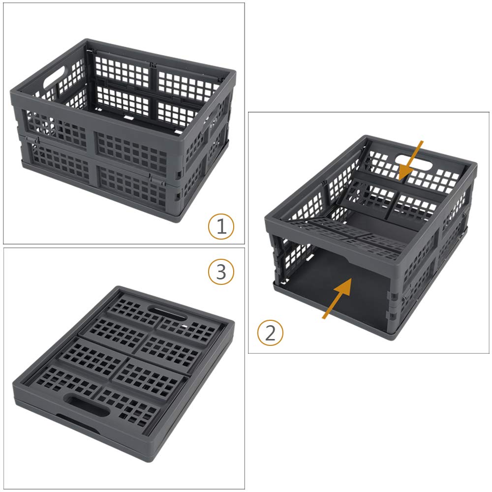 Bblina 3-pack Grey Folding Storage Crates Plastic Collapsible Basket, 15 Liter