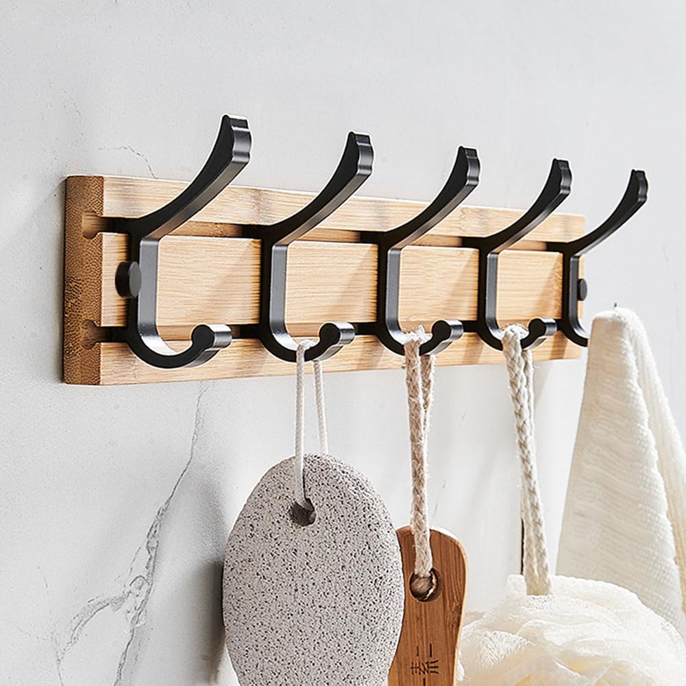 Koomuao Jumuao Bamboo Wall Mounted Coat Rack, 4 Hooks for Hanging Clothes, Bathrobes, Towels, Coats Wall Hook for Entryway, Bedroom, Bathroom