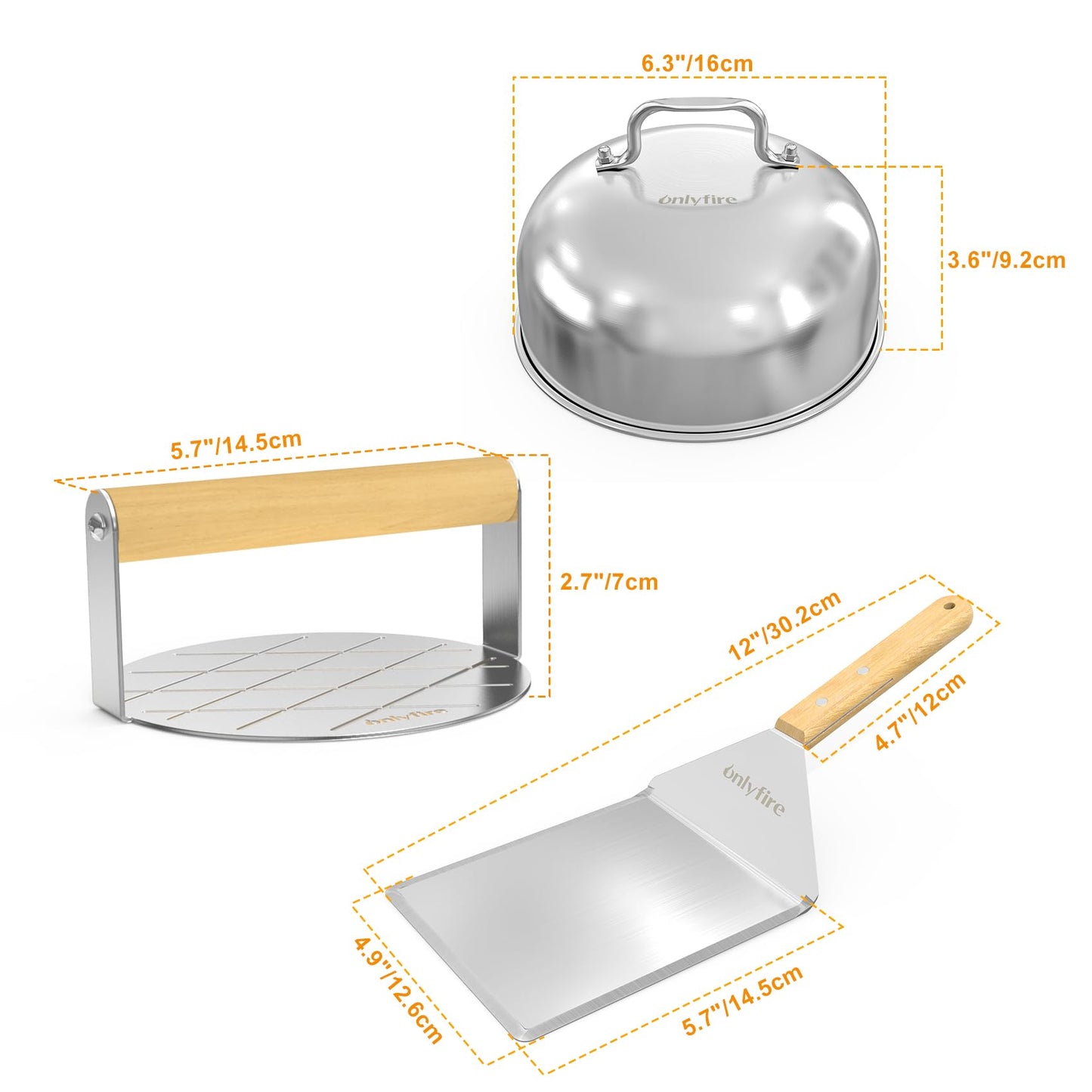 onlyfire BBQ Griddle Accessories Kit, 2 x 16cm Burger Cover Cheese Melting Dome, Round Burge Smasher and Large Spatula Turner, Grill Accessories Tools