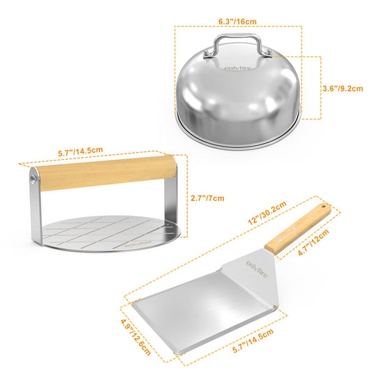 onlyfire BBQ Griddle Accessories Kit, 2 x 16cm Burger Cover Cheese Melting Dome, Round Burge Smasher and Large Spatula Turner, Grill Accessories Tools