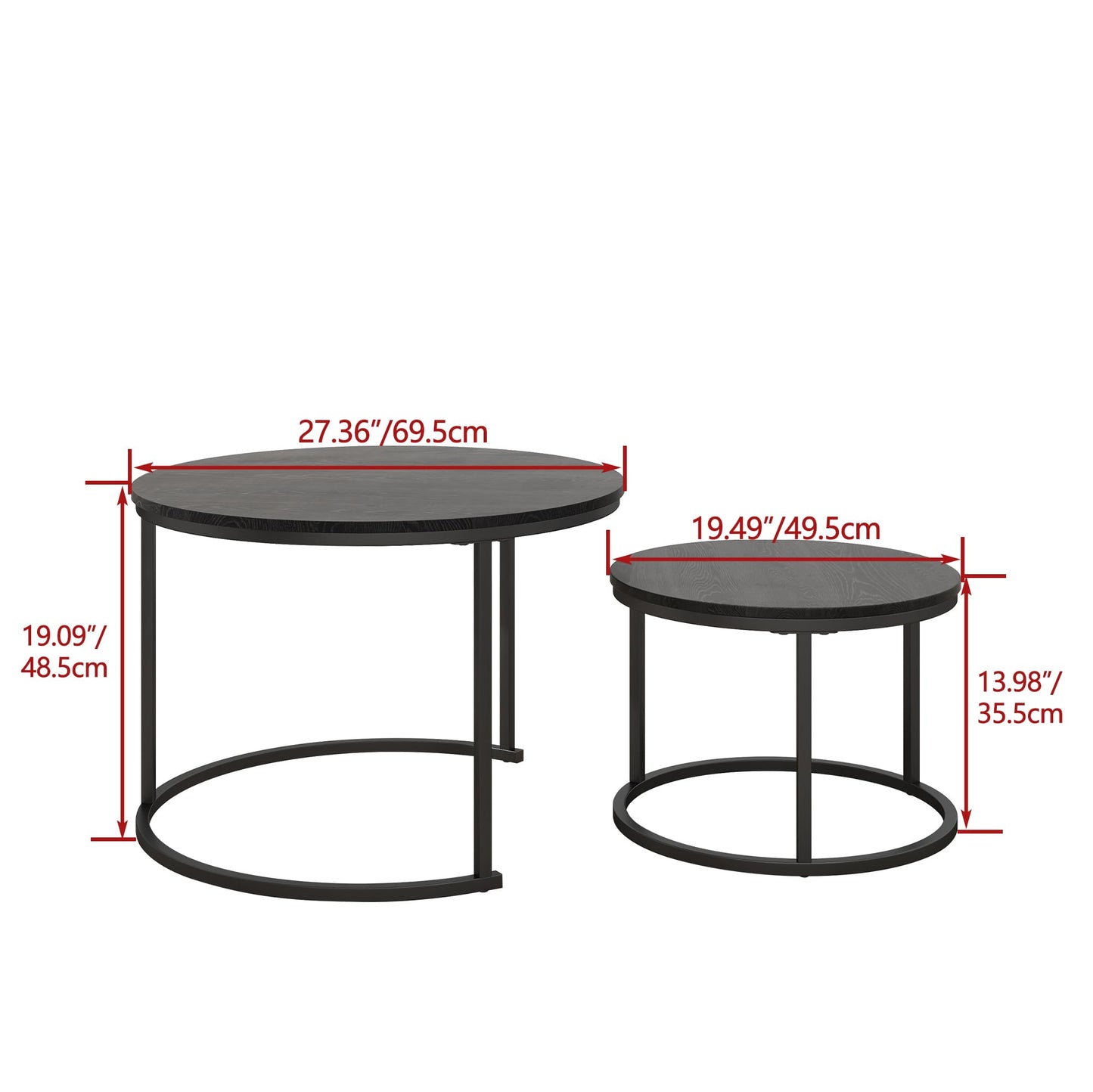 HOJINLINERO Round Coffee Table Side Table Set of 2 for Living Room,Black Coffee Table Nesting Tables Metal Frame with Wood Look,Sturdy and Easy
