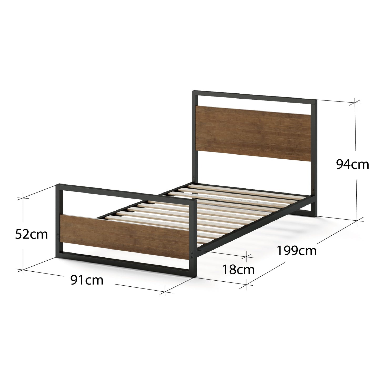 Zinus Suzanne Metal Bed Frame with Wooden Headboard & Footboard | Single 90x190 cm | 18 cm High | Low Profile | Wood Slat Support | For Adults, Kids