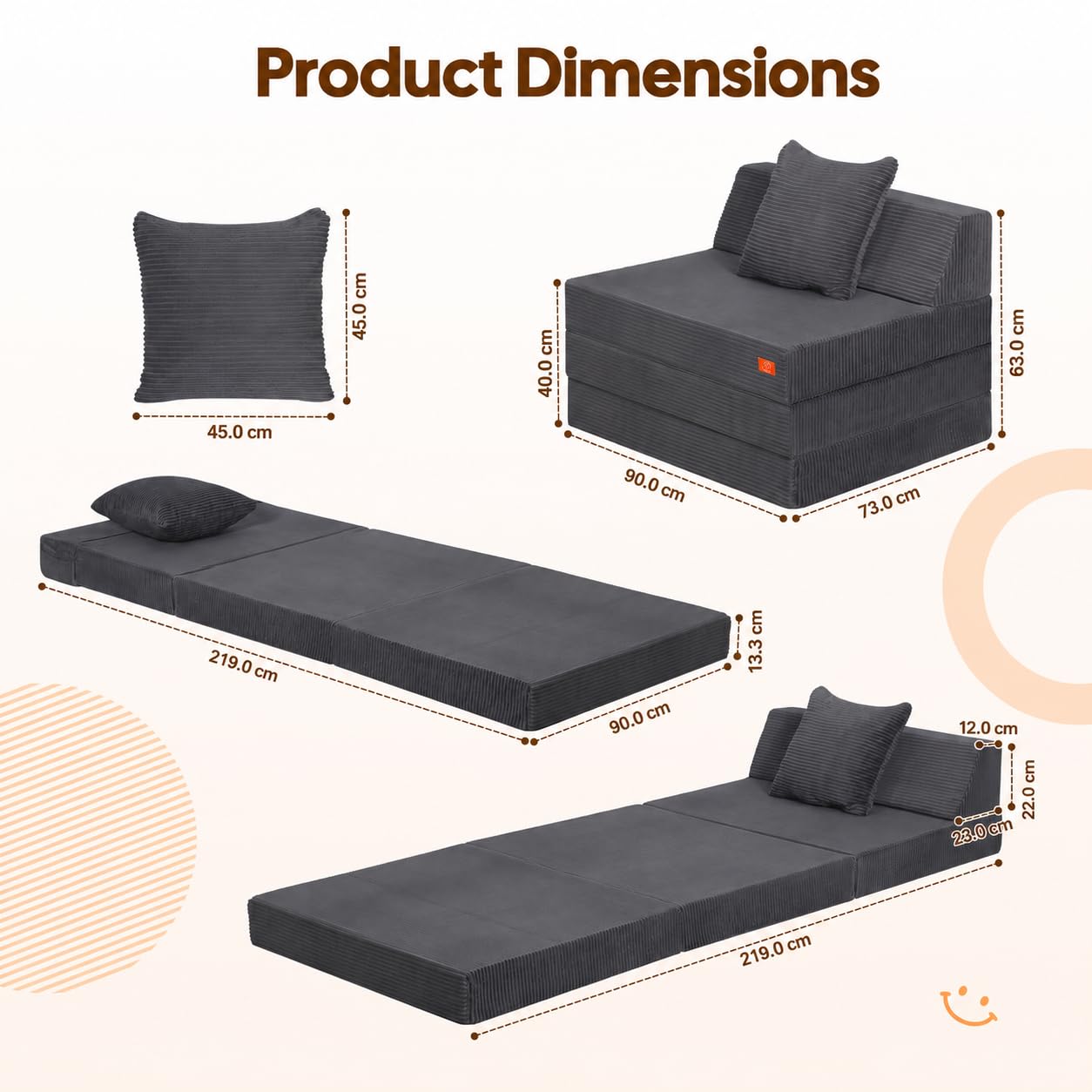 MeMoreCool Single Folding Sofa Bed Chair, Convertible Boneless Couch, Grey