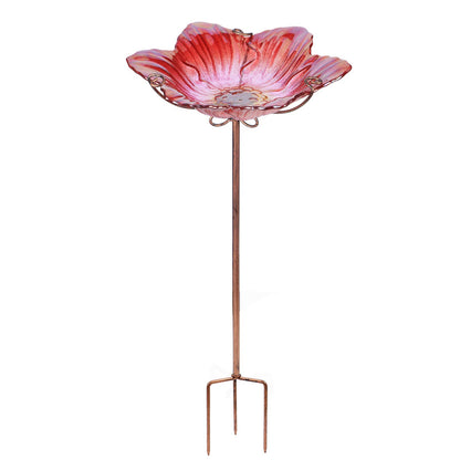 MUMTOP Bird Baths for Outdoors Glass Bird Bath Bowl Outdoor Bird Feeder Flower Pattern with Metal Stake for Garden, Yard and Lawn Decor Red