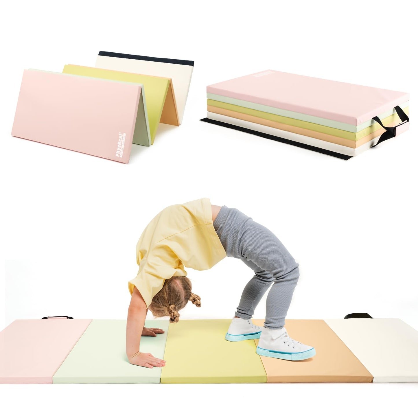PhysKcal 5-Panel Folding Gymnastics Tumbling Mat with Carrying Handles, Thick Exercise Mat, Foldable Tumbling Mat for Kids, Padding for MMA,