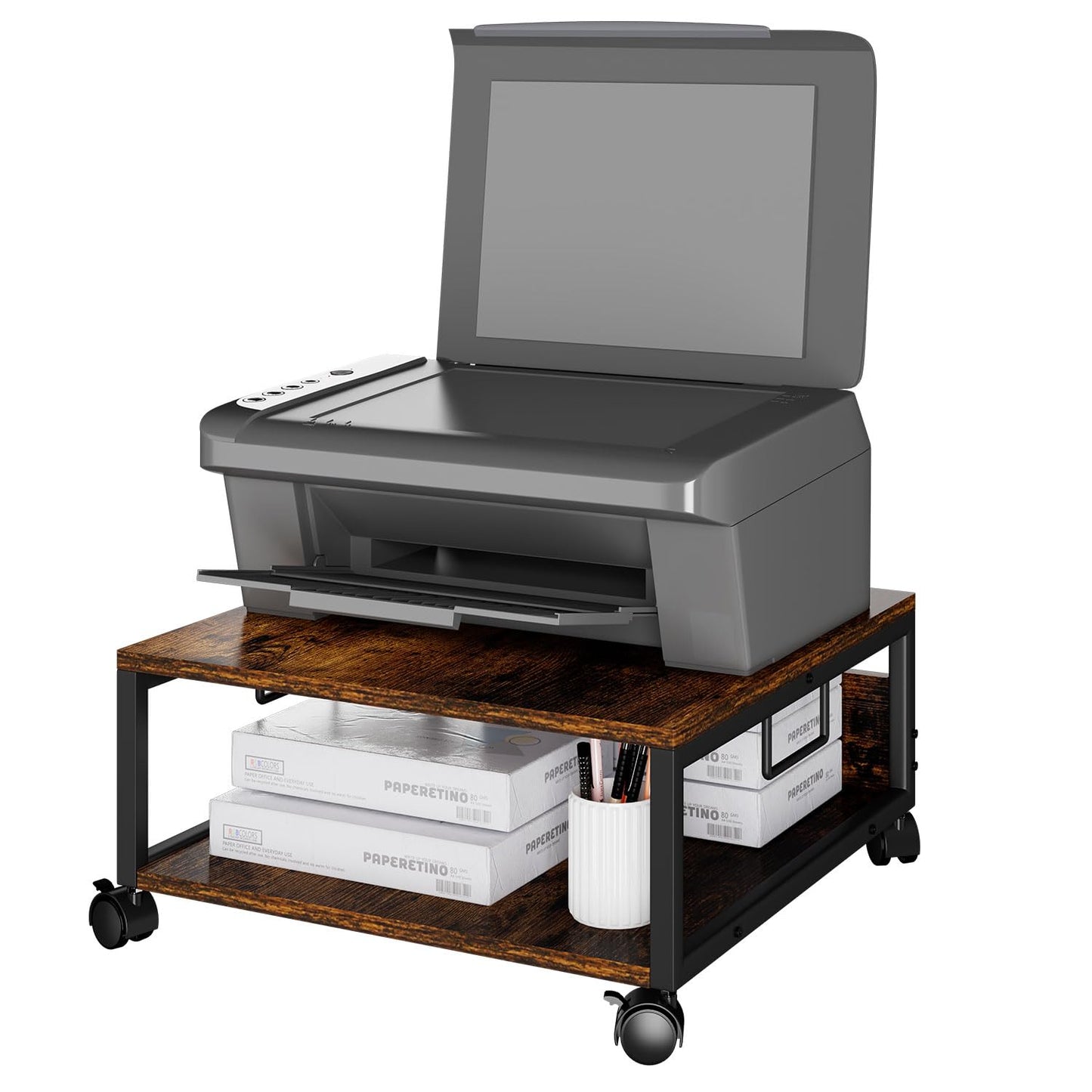 IBUYKE 2 Tier Desktop Printer Stand Cart,Printer Table with Wheels,Desk Heavy Duty Rolling Table with Storage Folders,for Books, Fax Machine